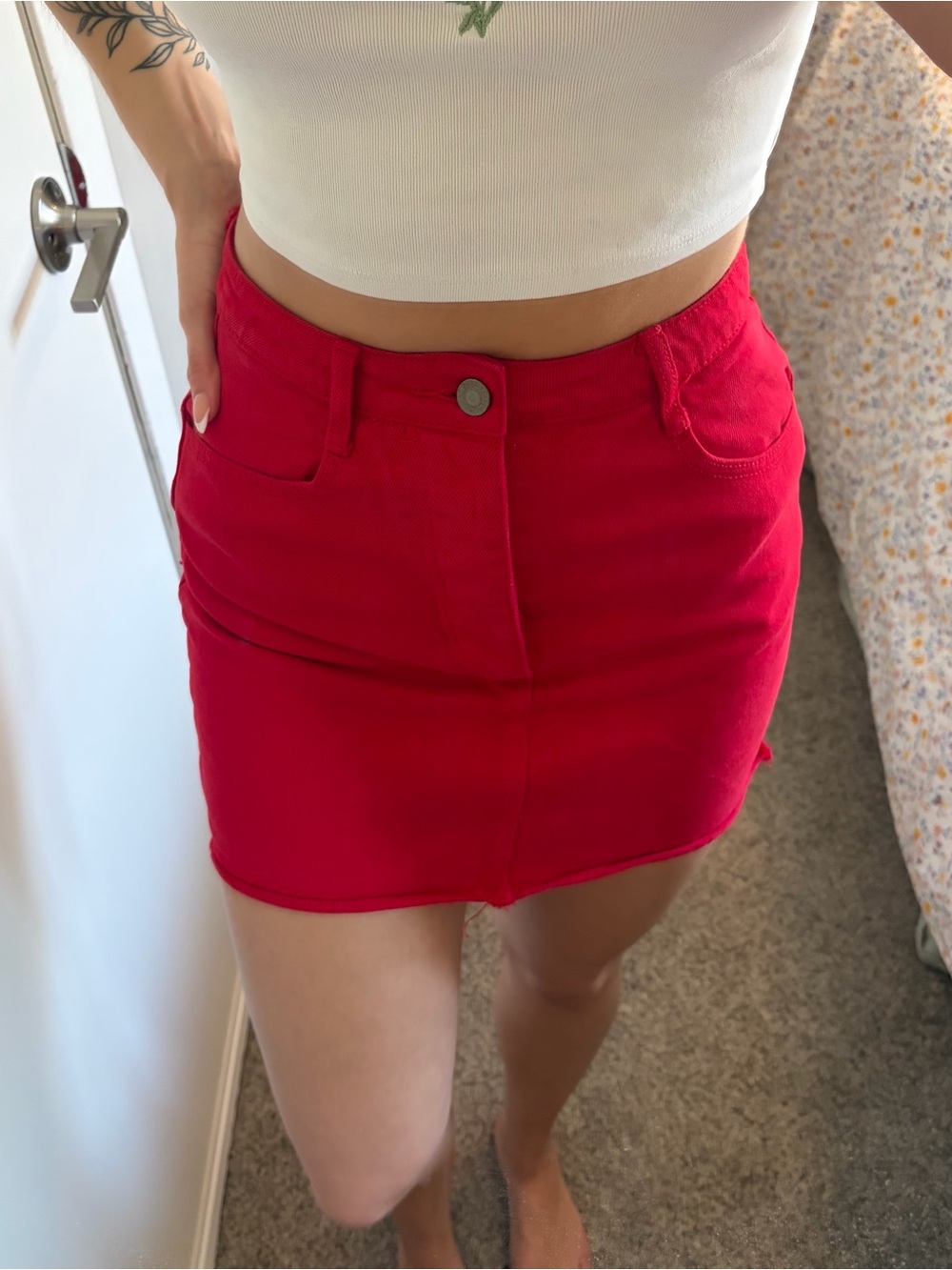 Brandy Melville Red Denim High-Rise Skirt